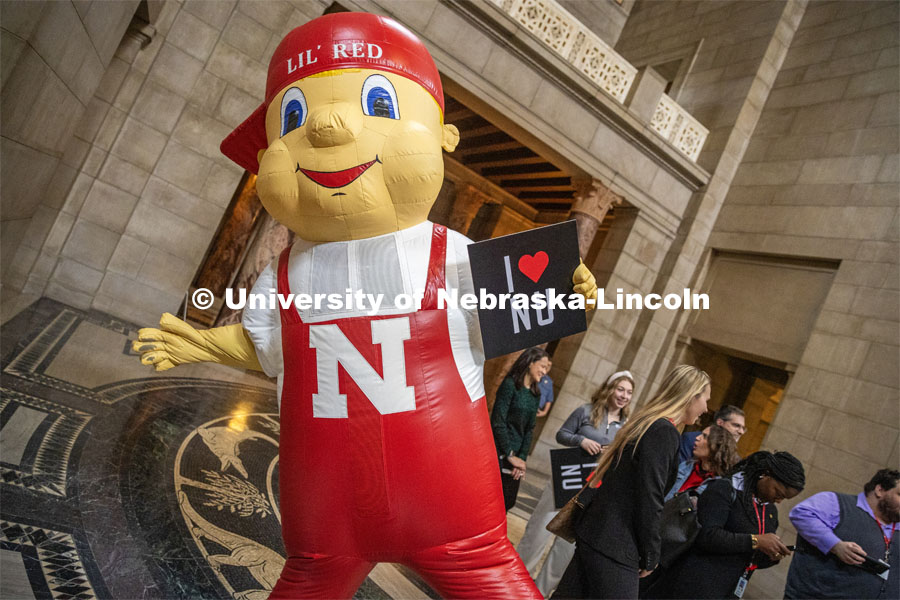 Lil Red poses for a picture in the Nebraska State Capitol Rotunda at I Love NU Day. March 6, 2024. Photo by Kristen Labadie / University Communication.